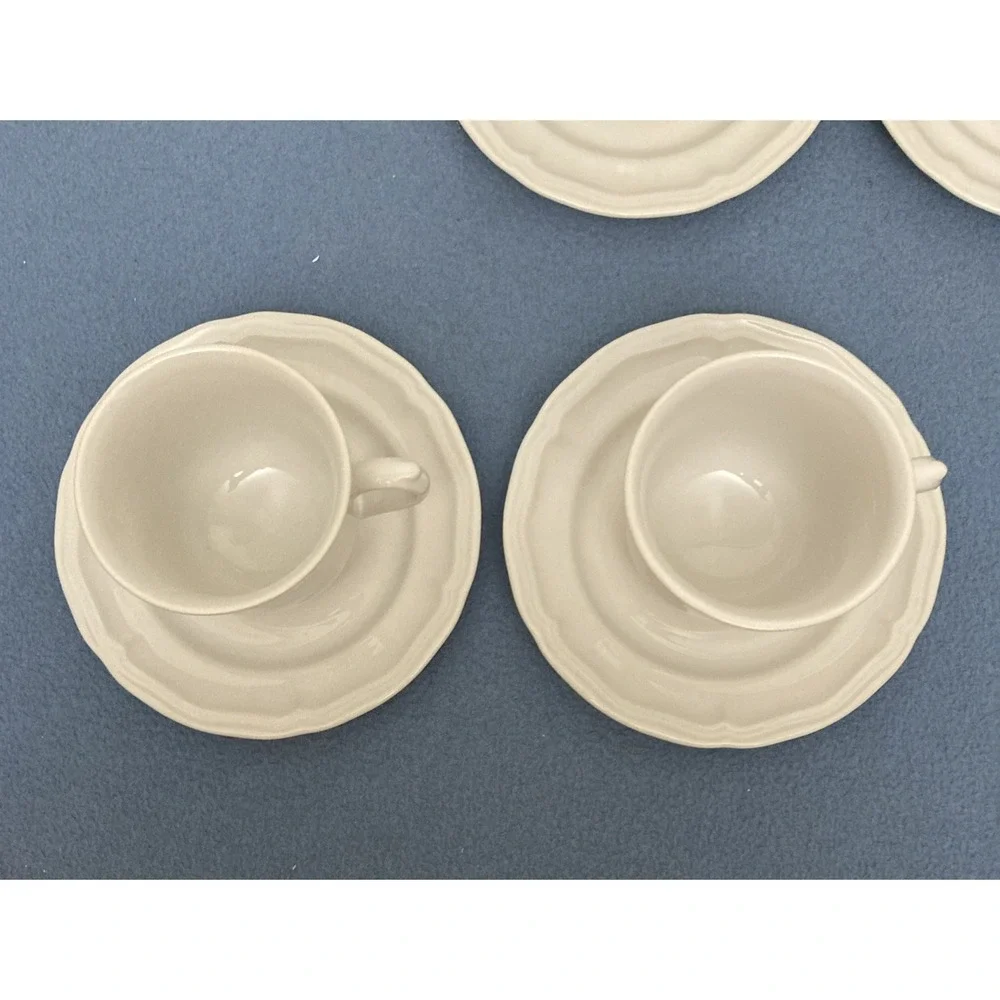 Stoneware Country White French Country Design Coffee Cup‎ with Saucer - Set of 7